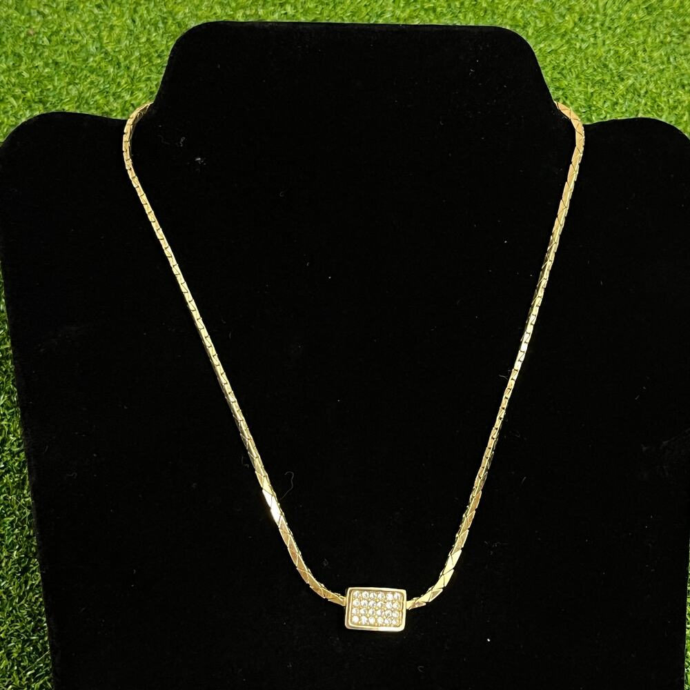 Vintage Christian Dior Chr. Dior Gold Tone Rhinestone Herringbone Necklace